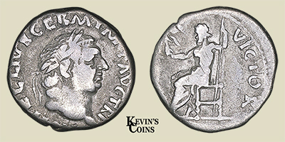 Silver Denarius (16mm 2.7g) struck A.D. 69 Rome  Obv: A VITELLIVS GERM IMP AVG TR P Laureate head right  Rev: IVPPITER VICTOR Jupiter seated left, holding Victory in right hand, scepter in left  RIC I 93. BMC-22, RSC 42   CNG Electronic Auction 151, lot 224, ex Richard Winokur collection