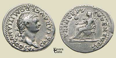 Silver Denarius (19mm 3.39g) Struck A.D. 79 under Vespasian, Domitian as Caesar minted in Rome  Obv: CAESAR AVG F DOMITIANVS COS VI Laureate bust right  Rev:PRINCEPS IVVENTVTIS Vesta seated left, holding palladium and scepter  RIC-244